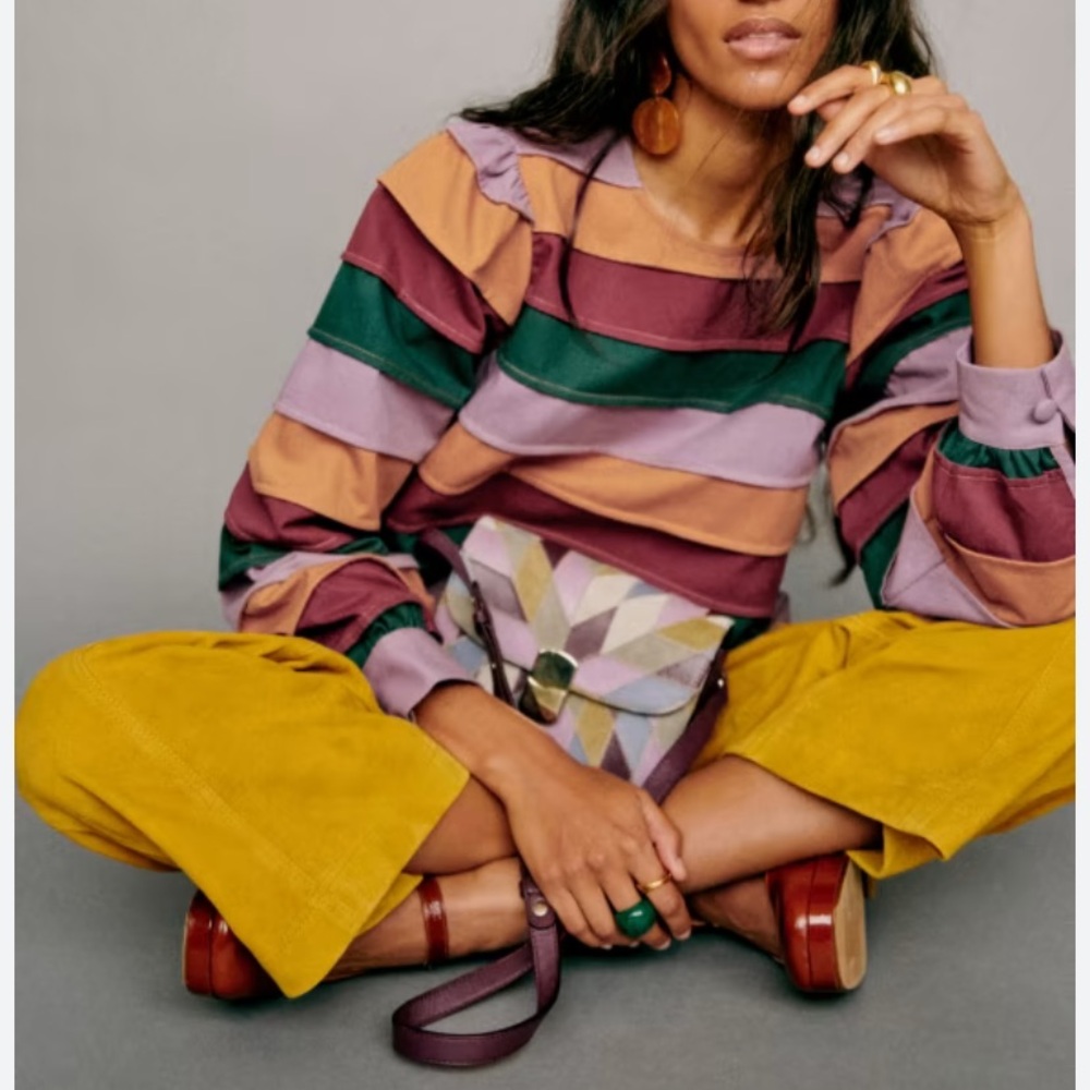 Sezane Melissa Blouse Paradise Stripes 38 6 100% Cotton Puff Sleeves Colorful